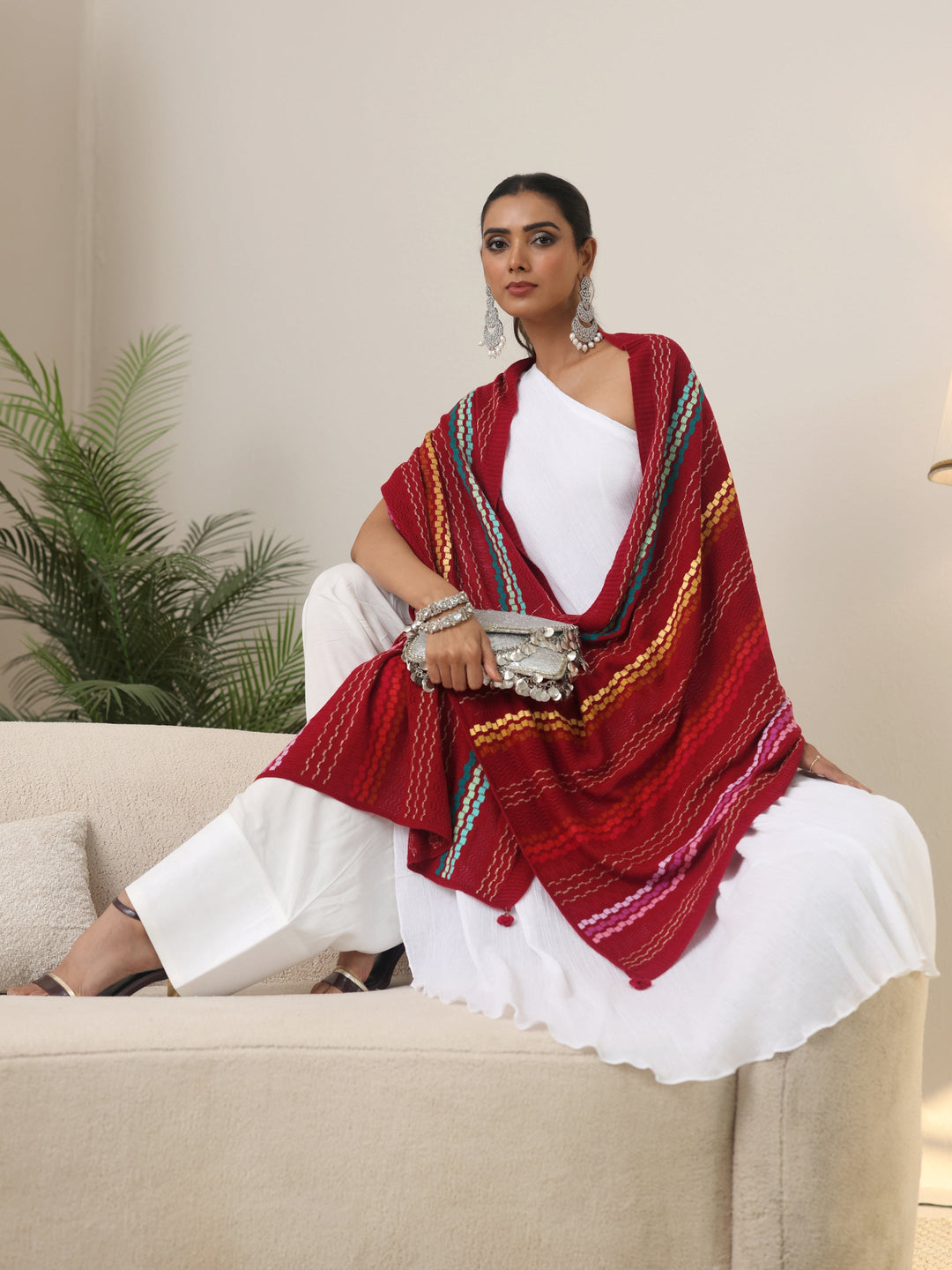 Libas Crimson Red Striped Knitted Acrylic Wrap Shawl