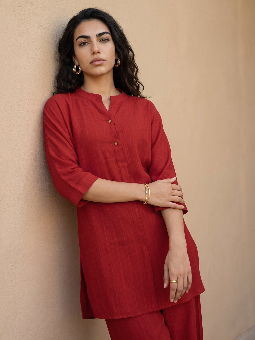 Libas Crimson Red Striped Rayon Co-Ord Set
