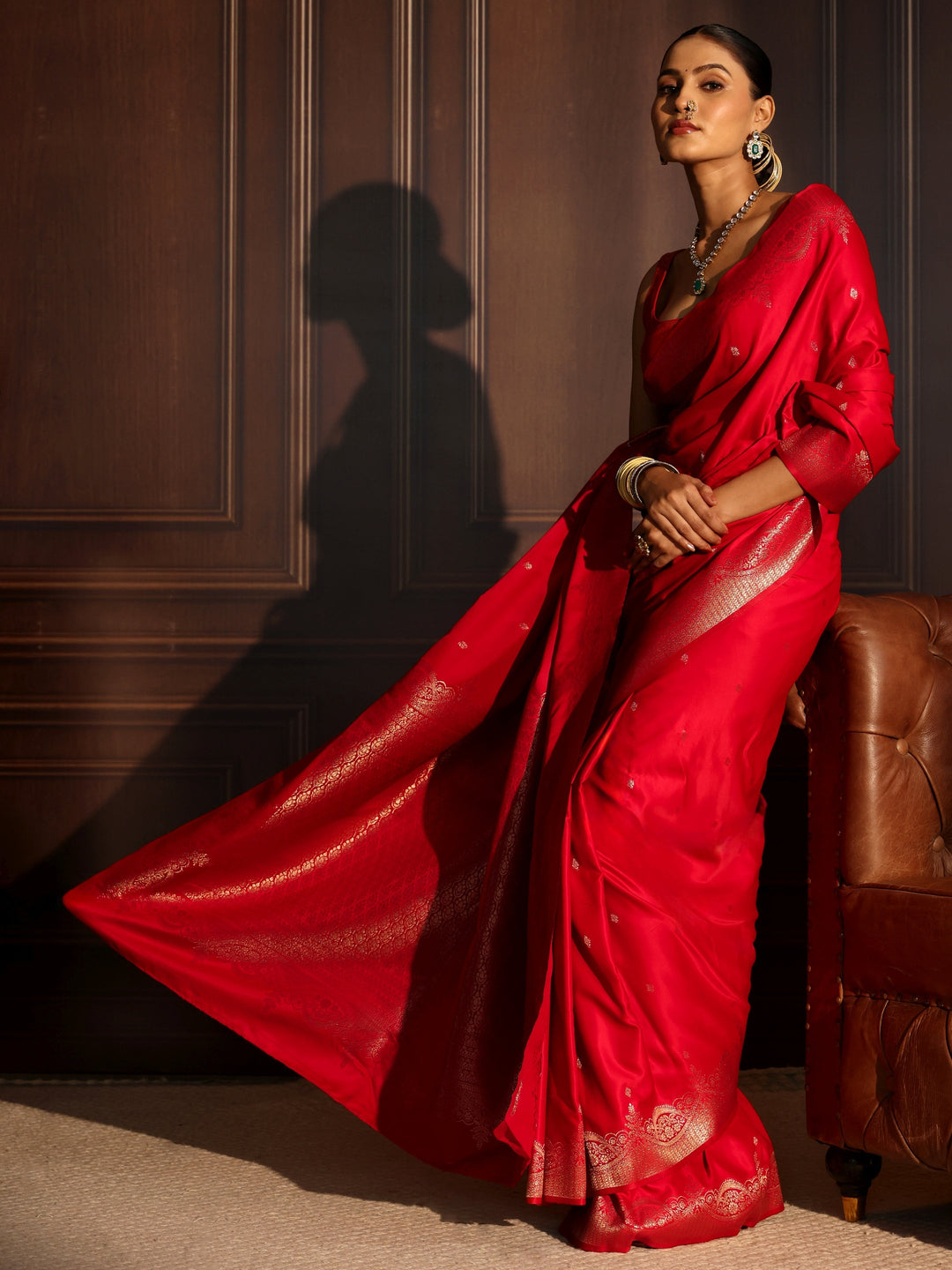 Libas Crimson Red Woven Design Satin Saree