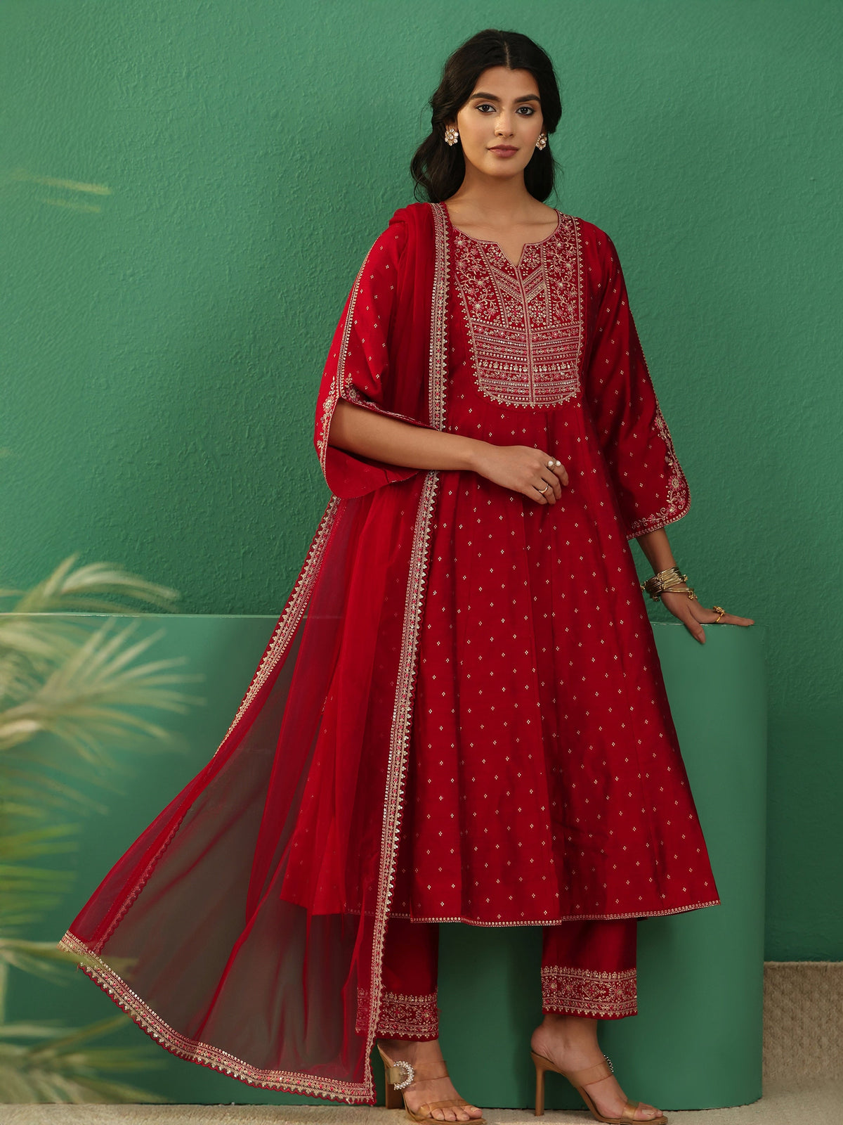 Libas Magenta Embroidered Silk Blend A-Line Suit Set With Dupatta