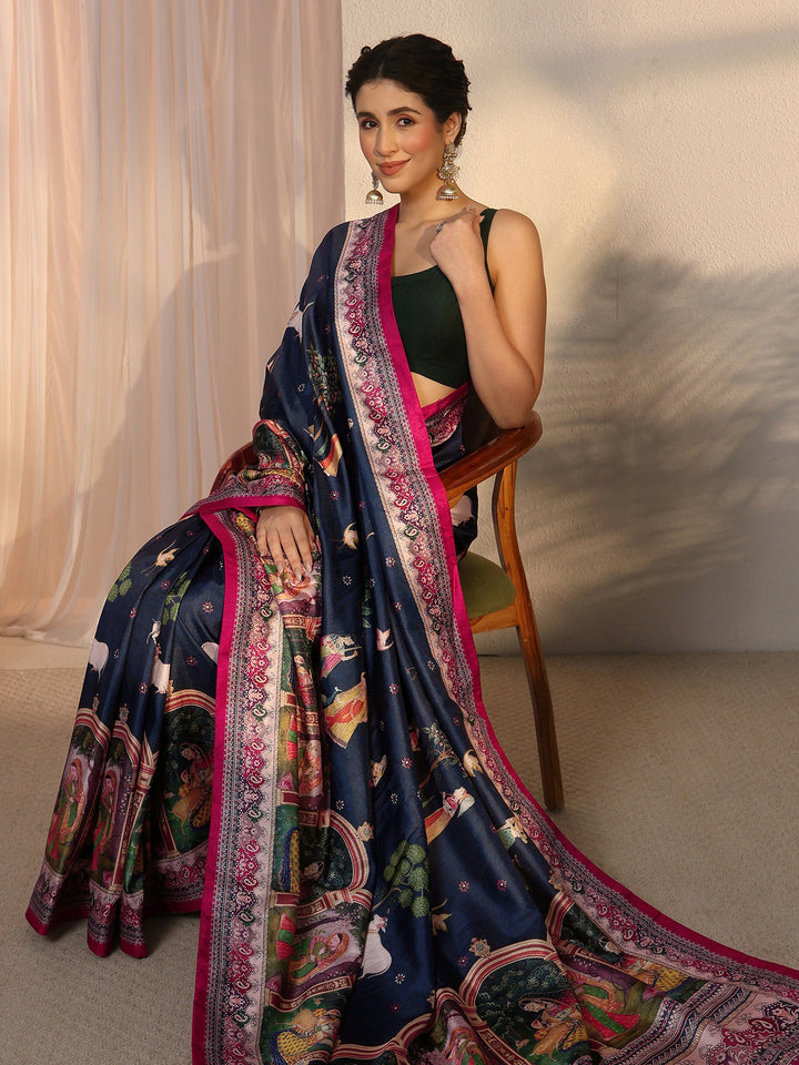 Libas Dark Blue Pichwai Digital Print Silk Blend Saree