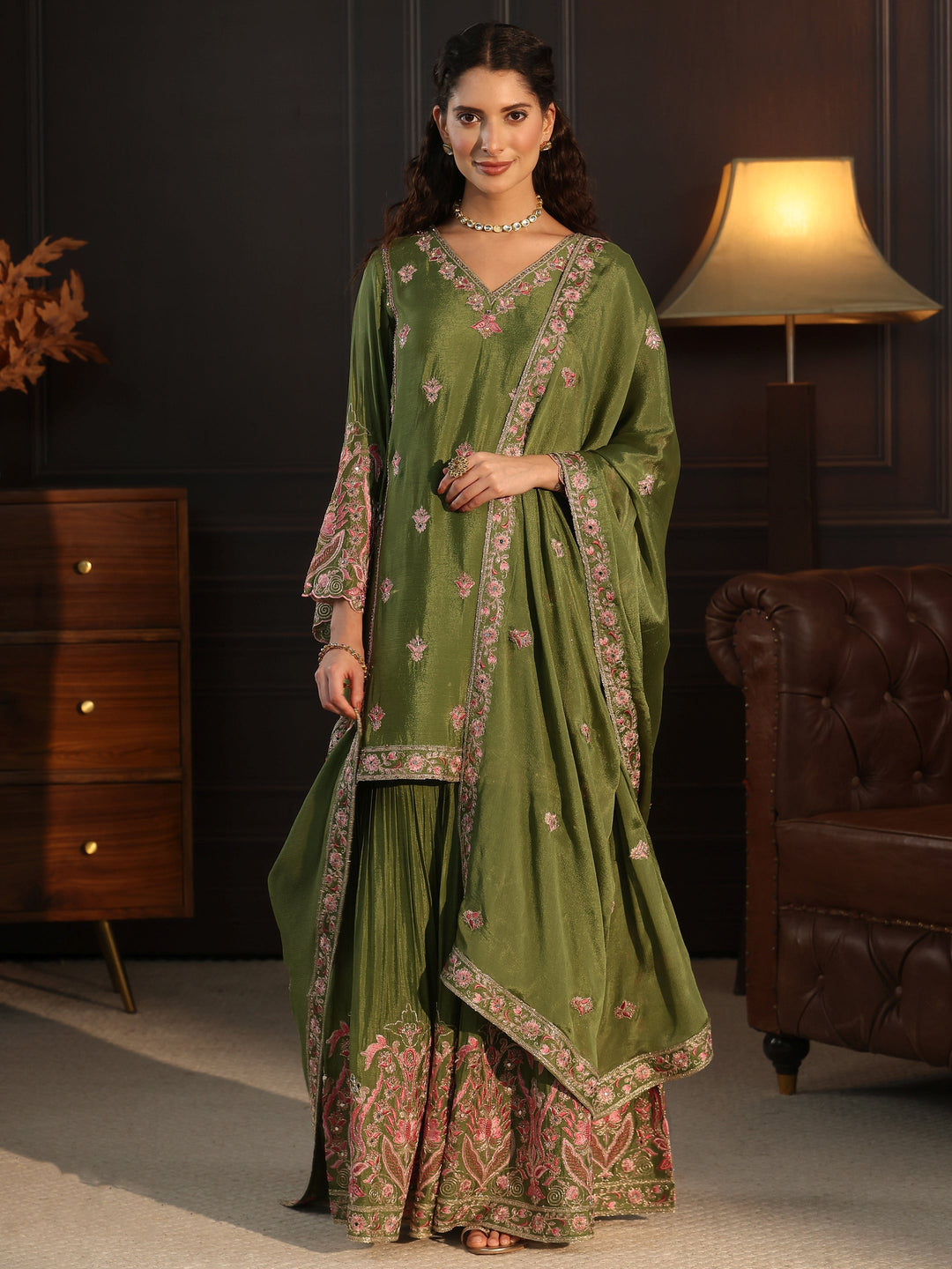 Libas Dark Green Embroidered Chinon Sharara Suit Set