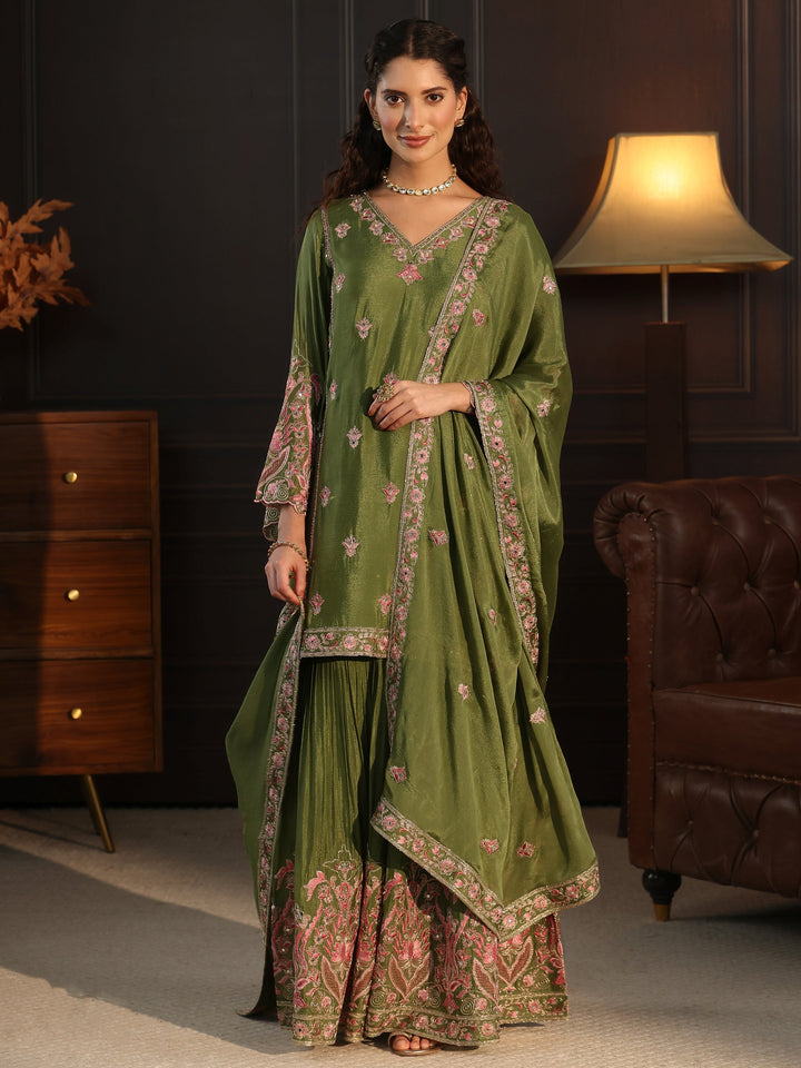 Libas Dark Green Embroidered Chinon Sharara Suit Set