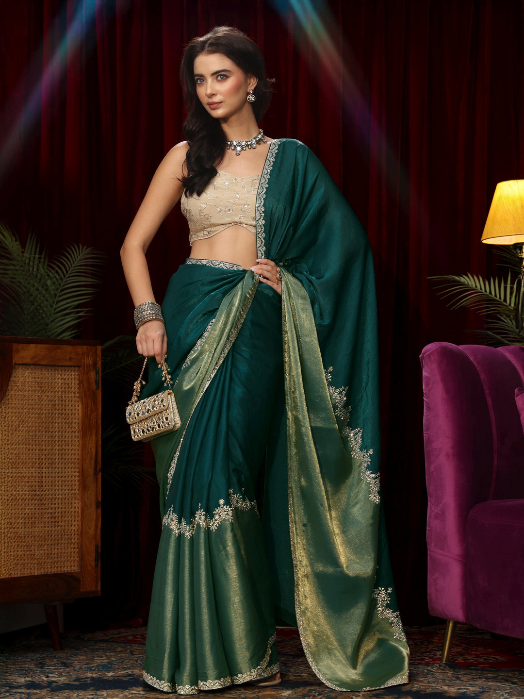 Libas Dark Green Floral Embellished Tissue Saree