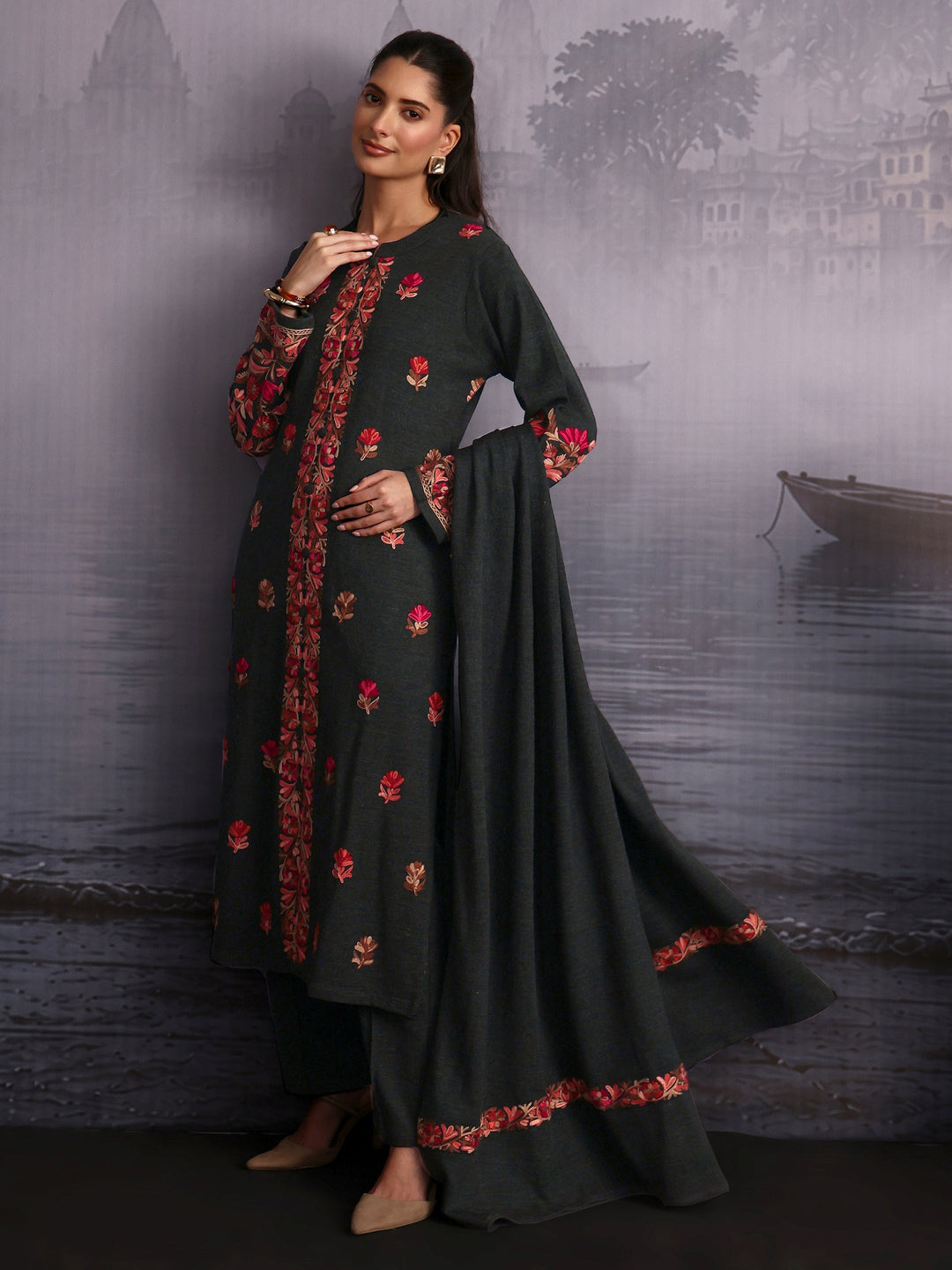 Libas Dark Green Floral Embroidered Woolen Straight Suit Set