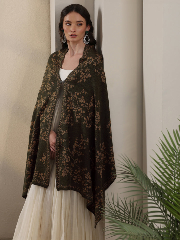 Libas Dark Green Floral Mesh Knitted Acrylic Wrap Shawl