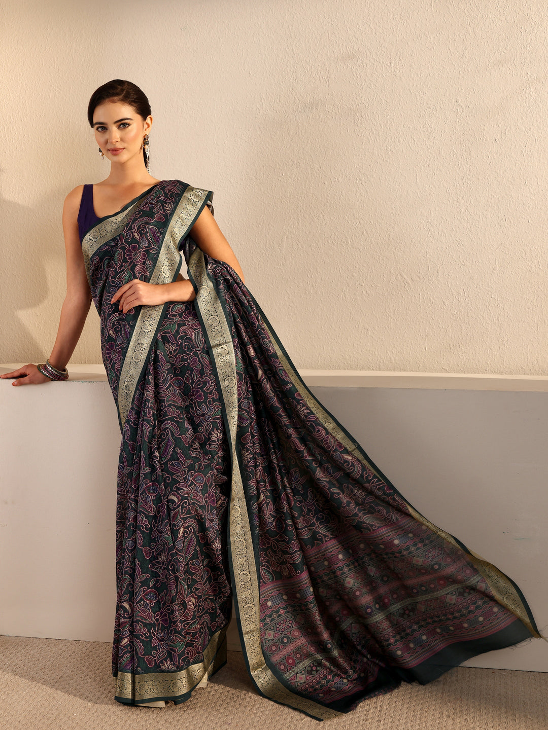 Libas Dark Green Floral Printed Silk Blend Saree with Woven Border
