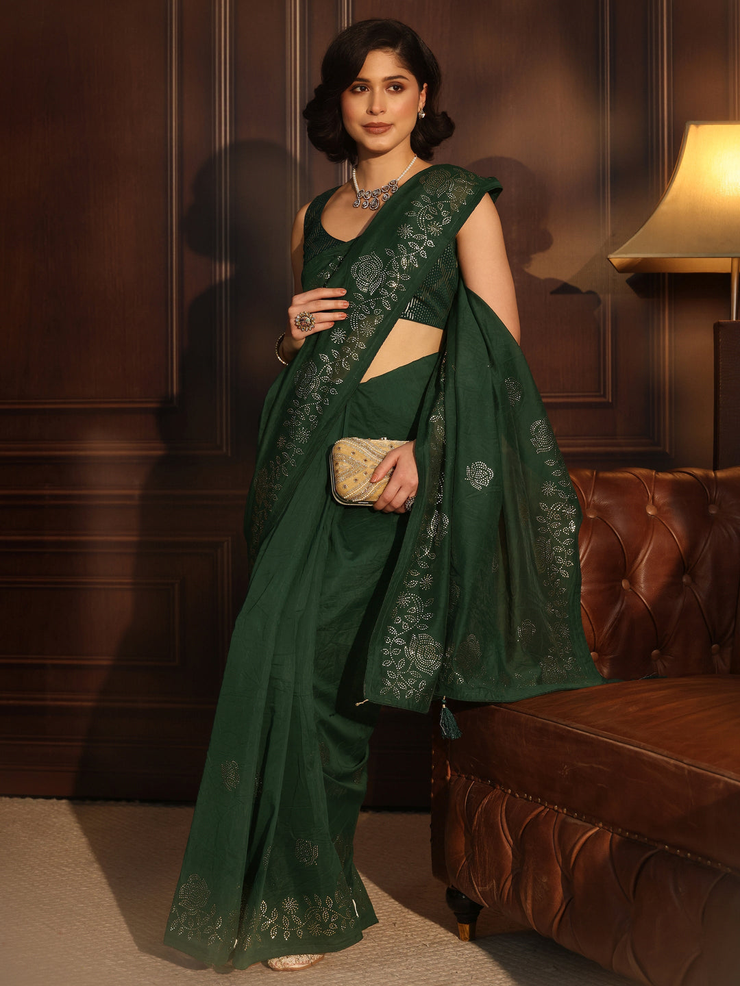 Libas Dark Green Floral Stone Work Embellished Cotton Blend Saree