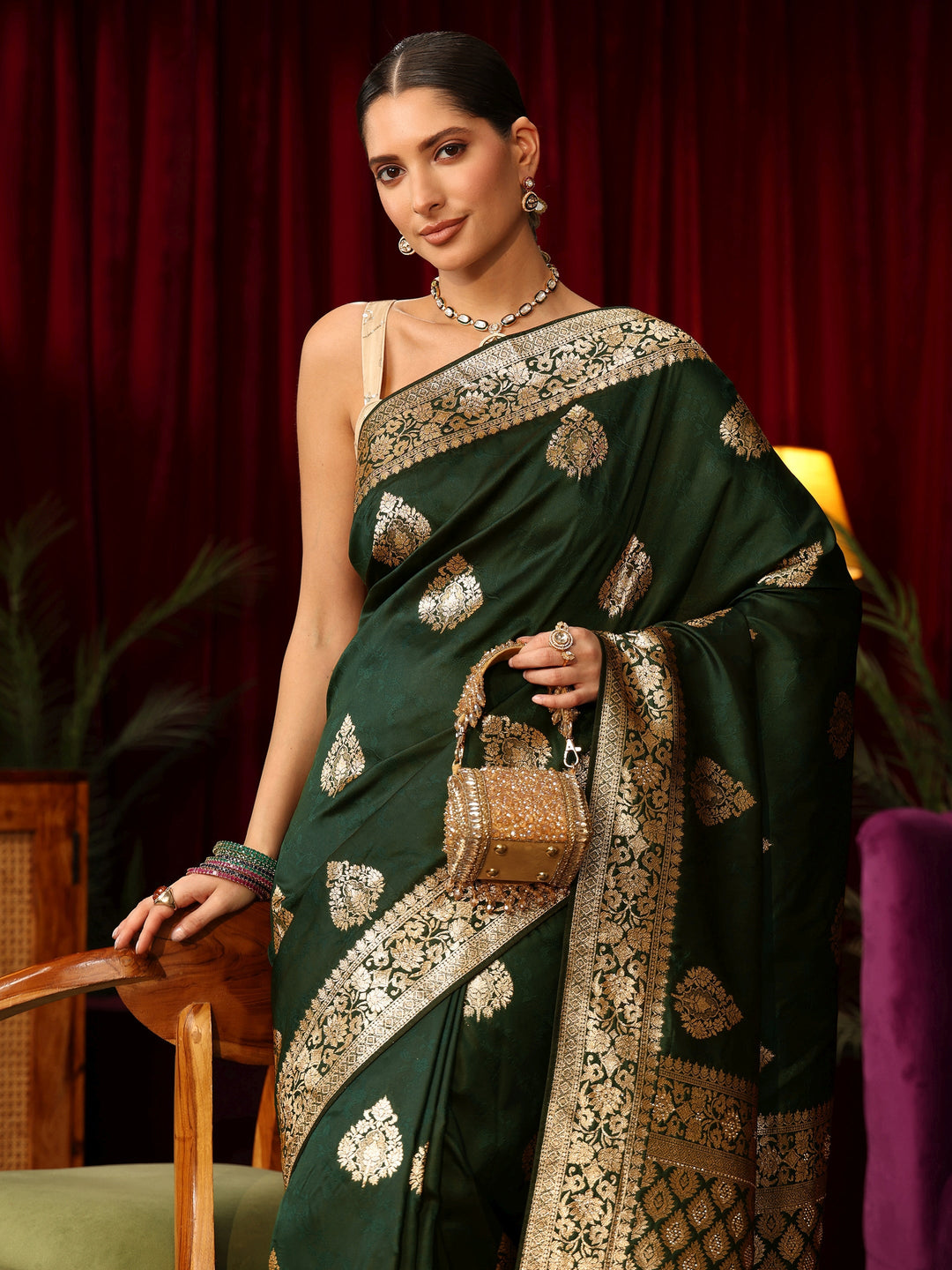 Libas Dark Green Leaf Motif  Woven Design Silk Blend Saree