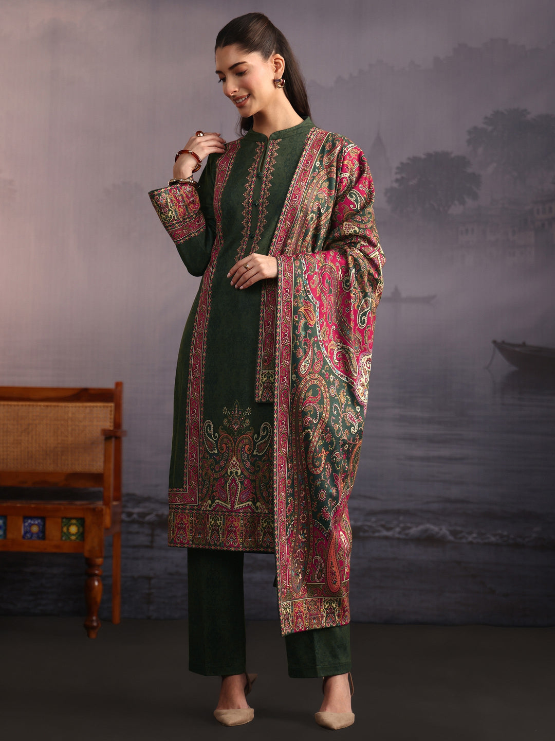 Libas Dark Green Paisley Printed Woolen Straight Suit Set