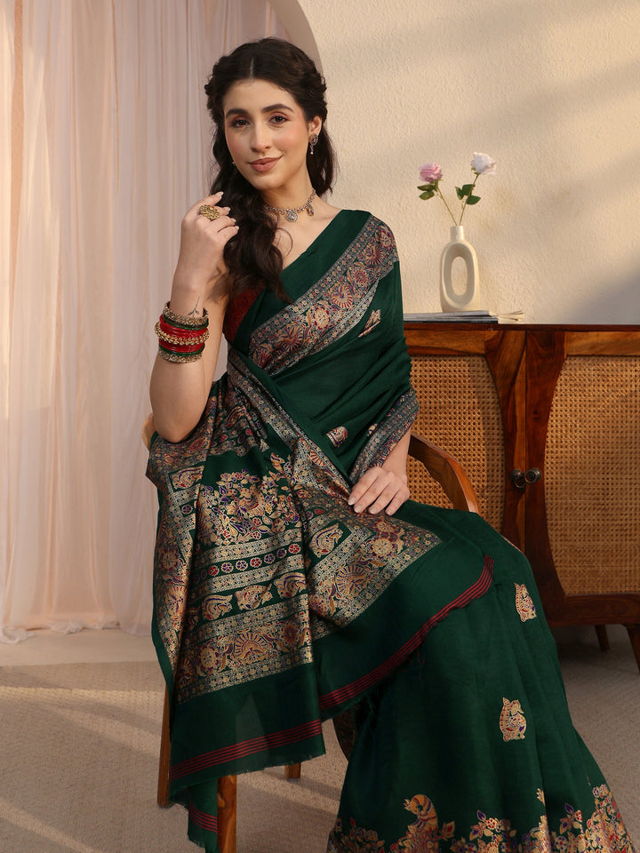 Libas Dark Green Peacock Printed Silk Saree
