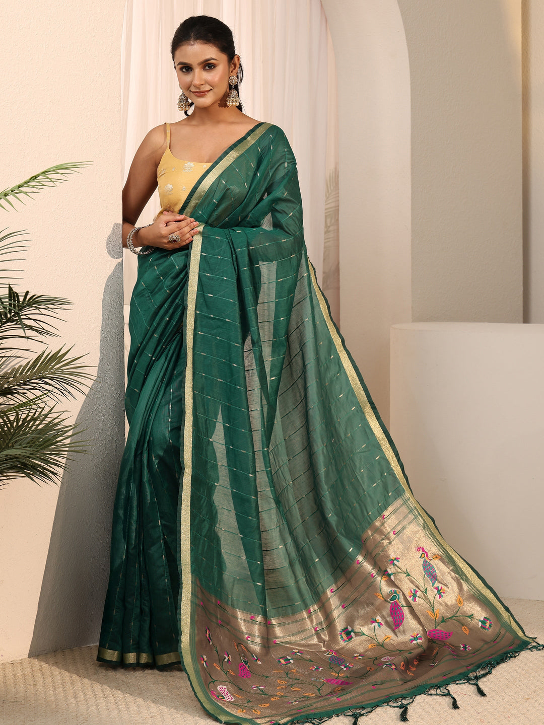 Libas Dark Green Silk Blend Paithani Tassel Saree