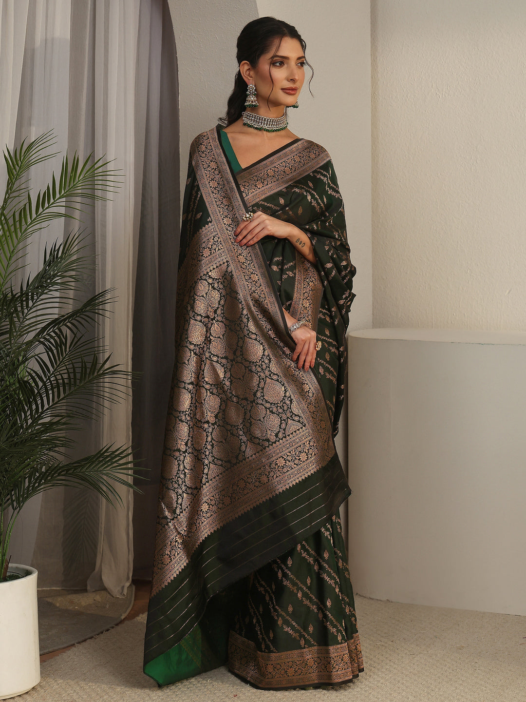Libas Dark Green Woven Design Satin Saree