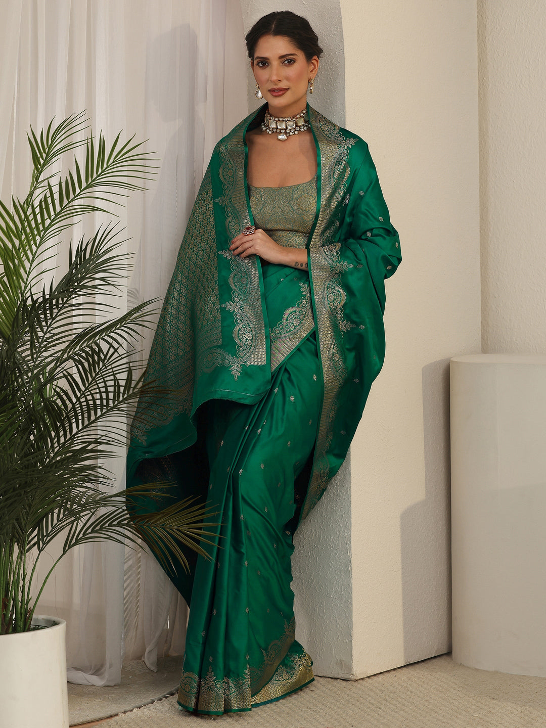 Libas Dark Green Woven Design Satin Saree