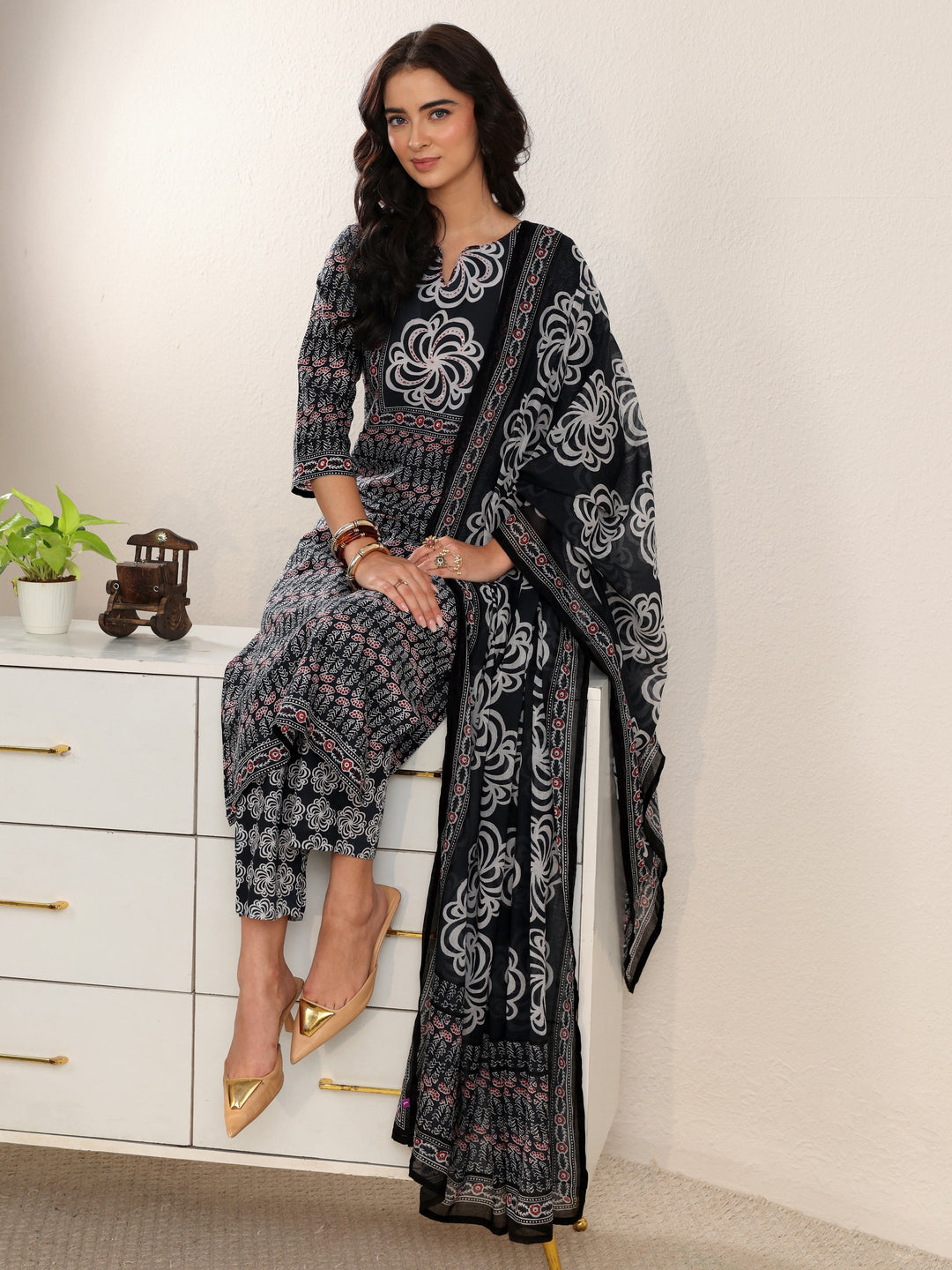 Libas Dark Grey Dabu Print Cotton Straight Suit Set