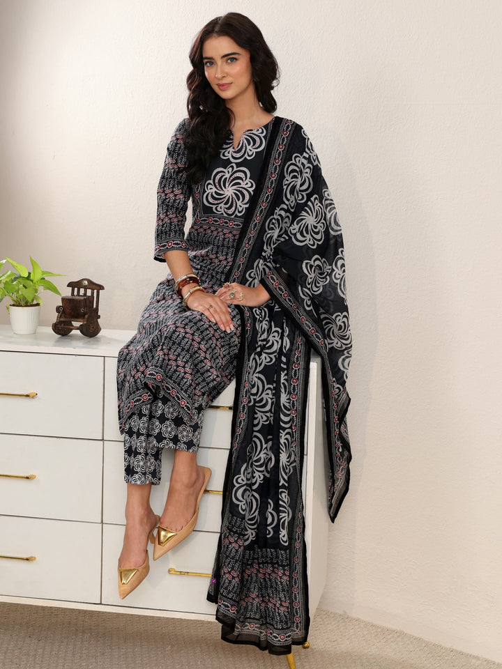 Libas Dark Grey Dabu Print Cotton Straight Suit Set