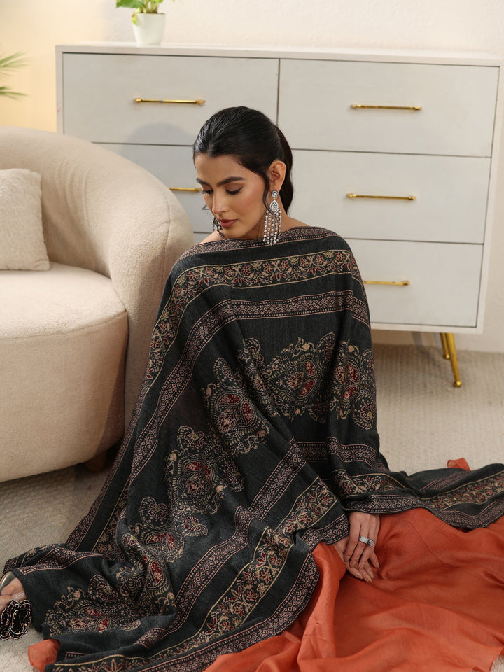 Libas Dark Grey Ethnic Knitted Acrylic Wrap Shawl