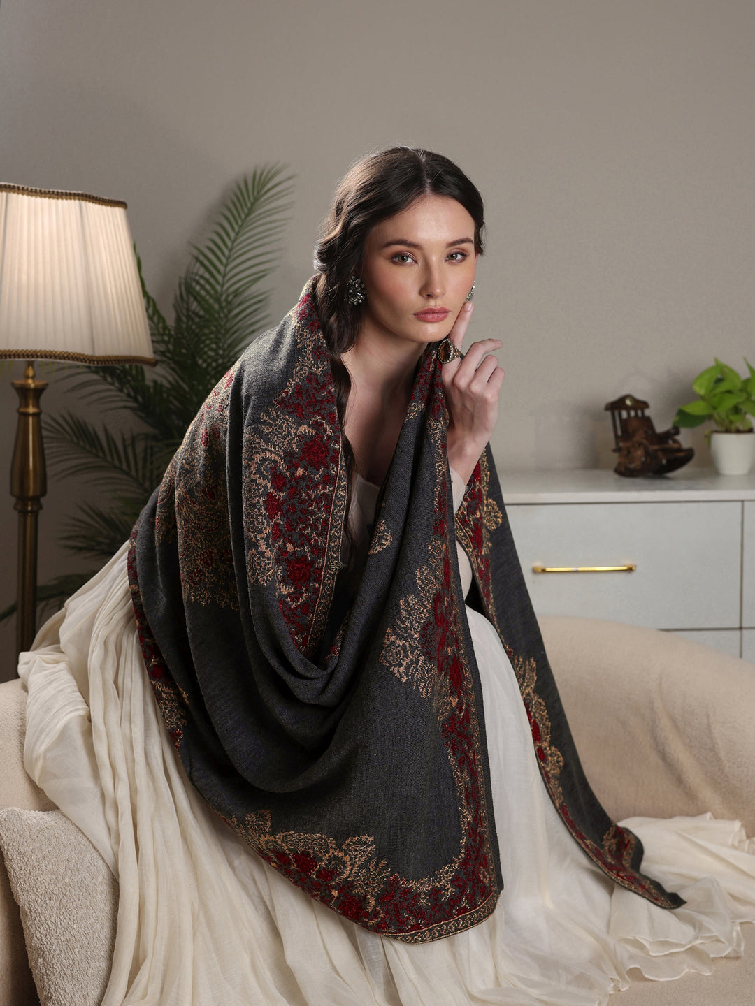 Libas Dark Grey Ethnic Knitted Acrylic Wrap Shawl