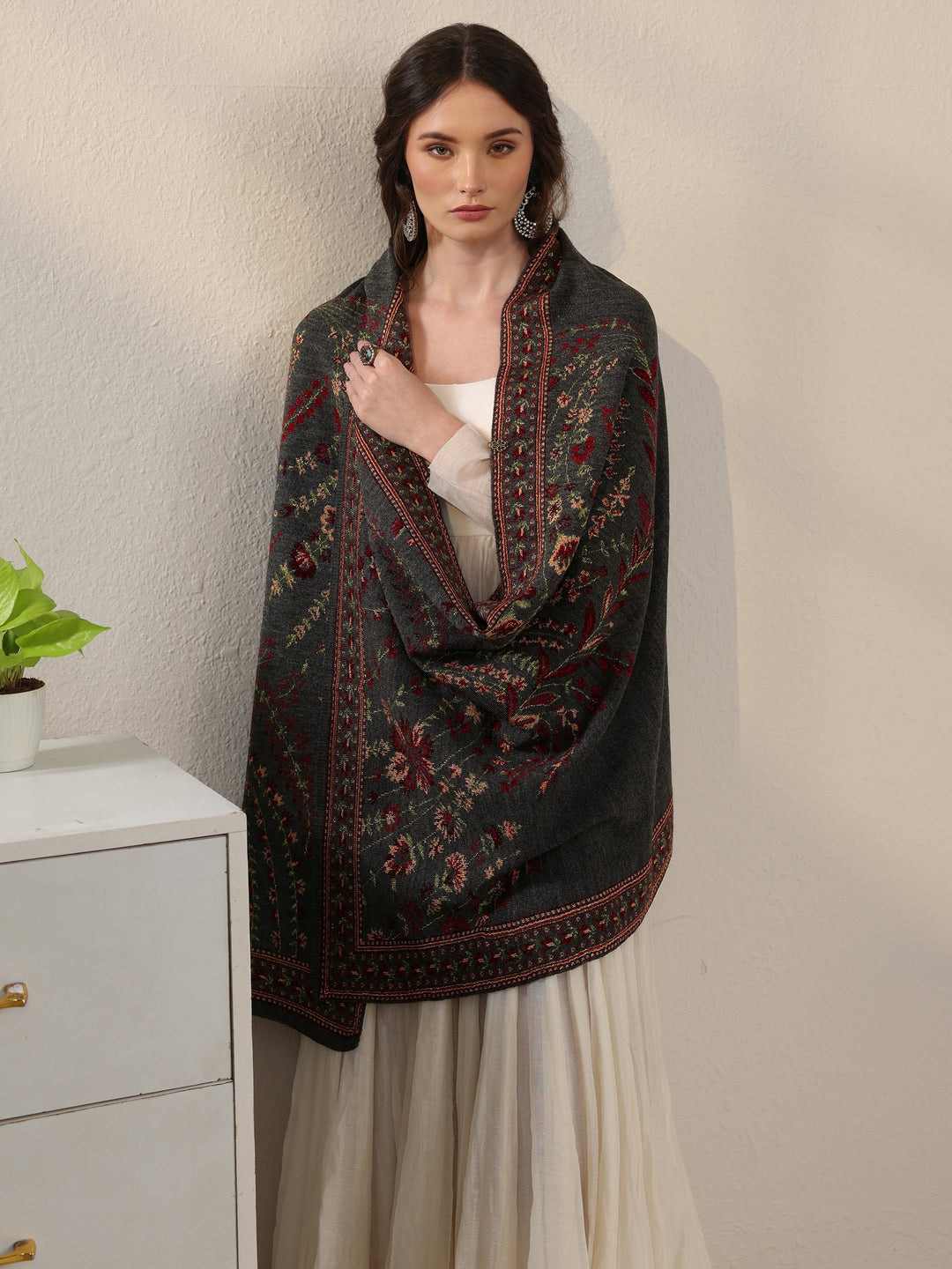 Libas Dark Grey Floral Knitted Acrylic Wrap Shawl