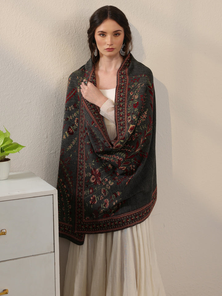 Libas Dark Grey Floral Knitted Acrylic Wrap Shawl