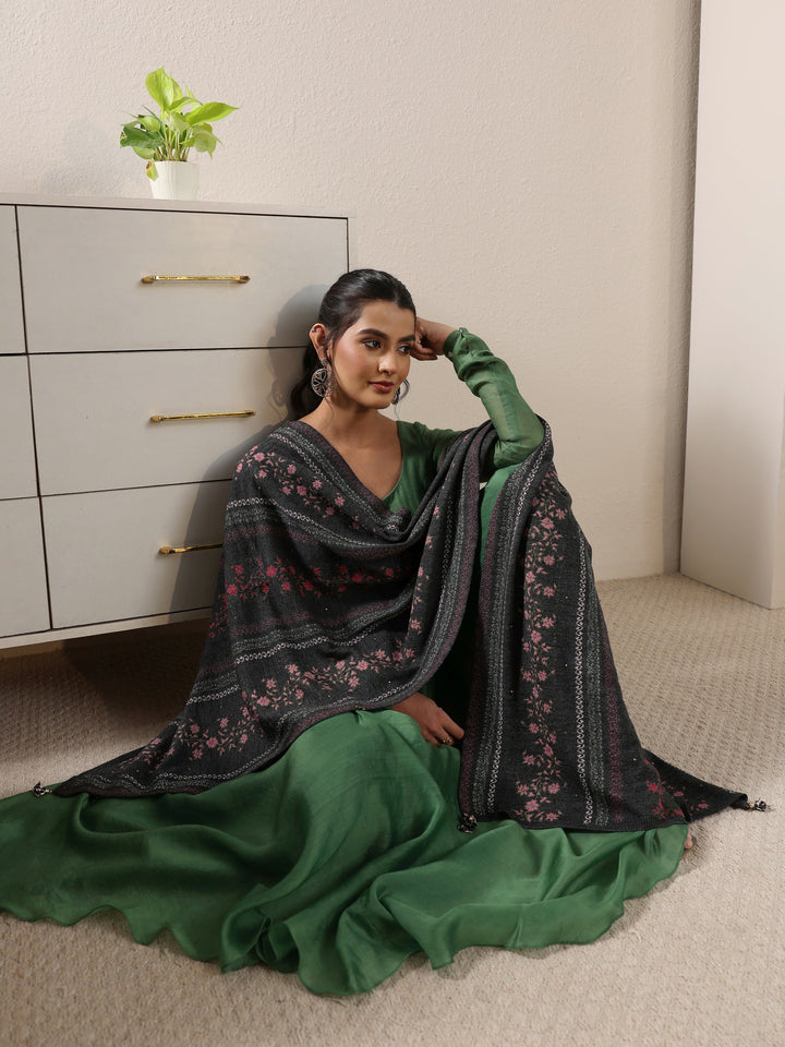 Libas Dark Grey Floral Knitted Acrylic Wrap Shawl