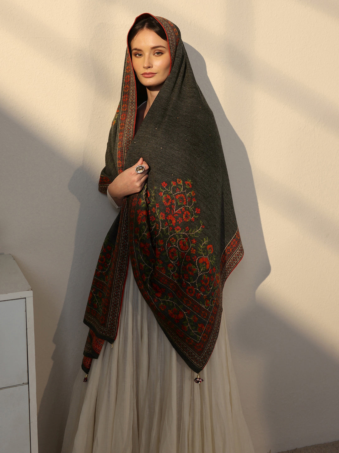 Libas Dark Grey Floral Knitted Acrylic Wrap Shawl