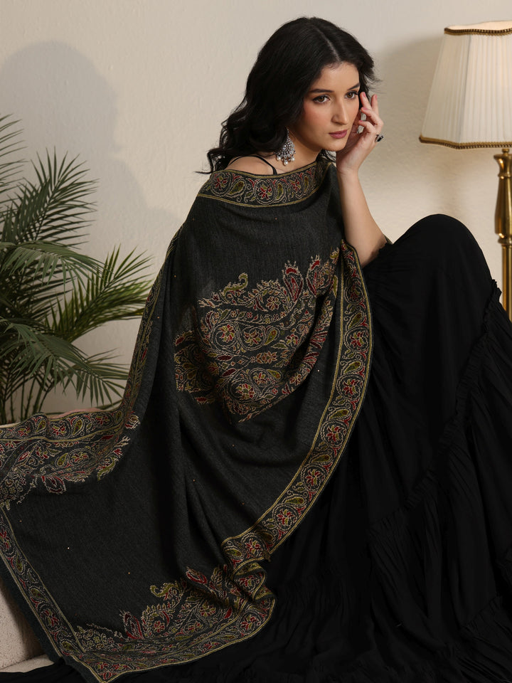 Libas Dark Grey Floral Knitted Acrylic Wrap Shawl