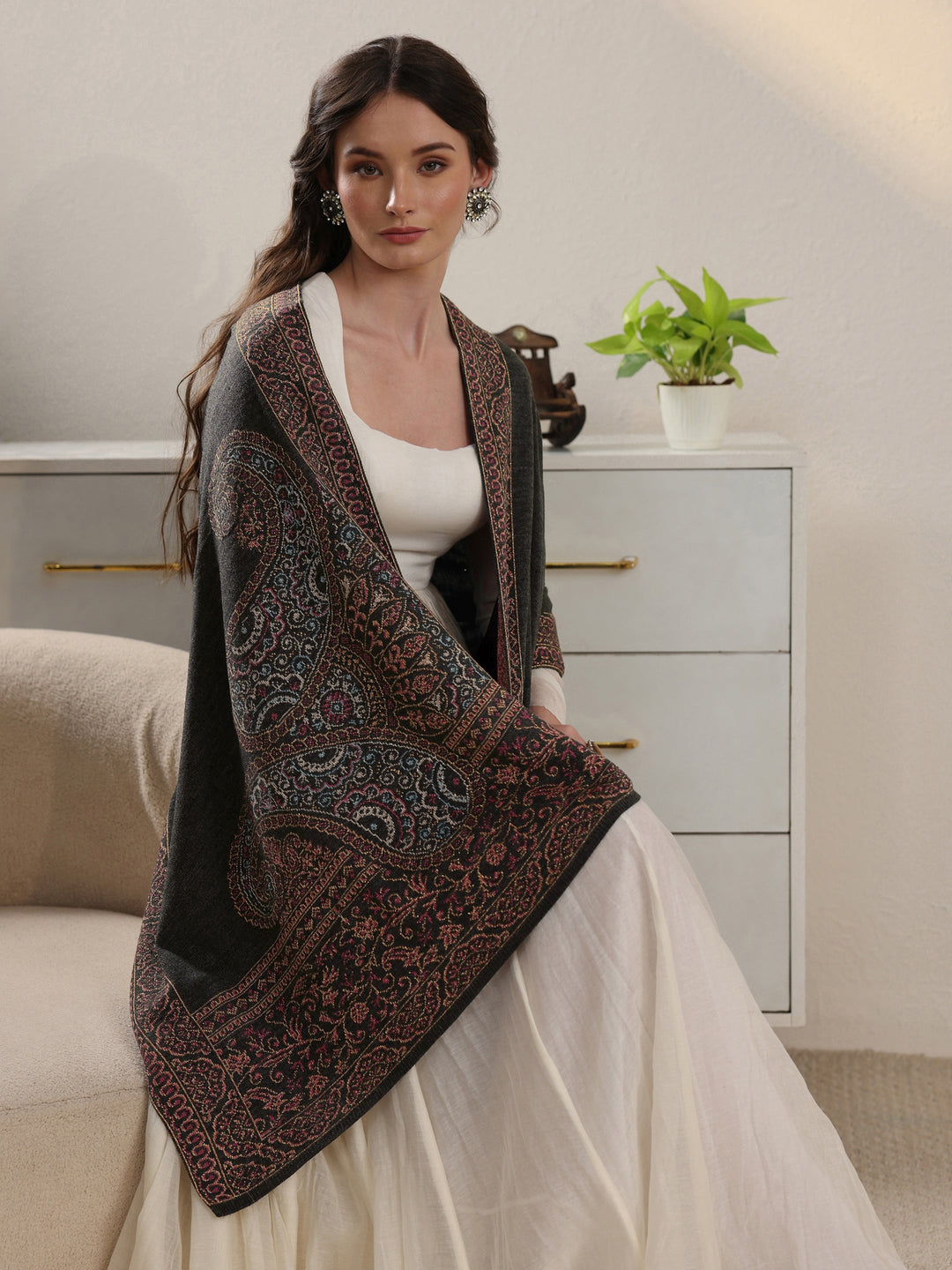 Libas Dark Grey Paisley Knitted Acrylic Wrap Shawl