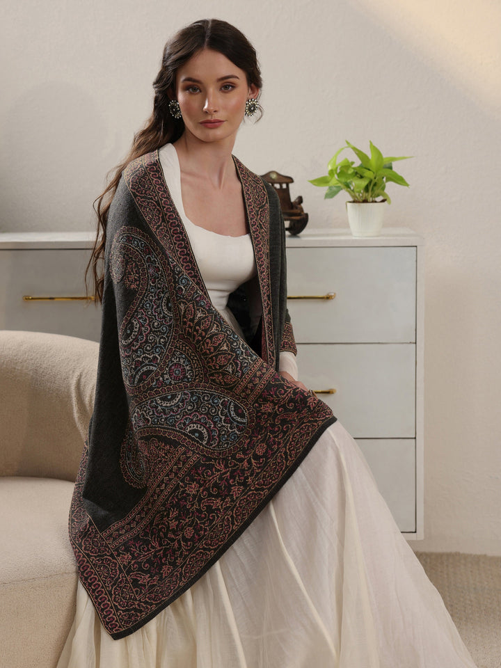 Libas Dark Grey Paisley Knitted Acrylic Wrap Shawl