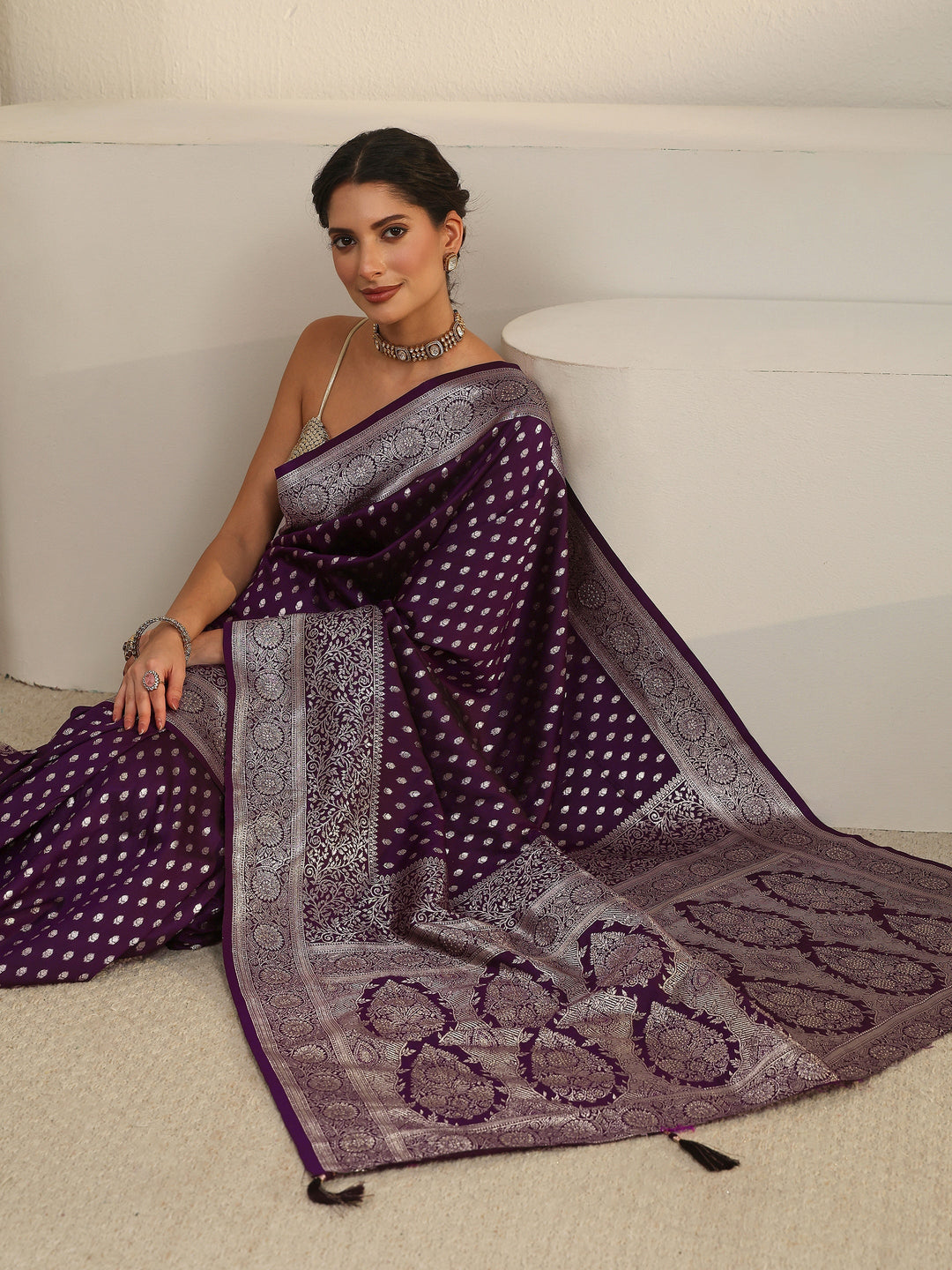 Libas Dark Purple Banarasi Silk Blend Saree
