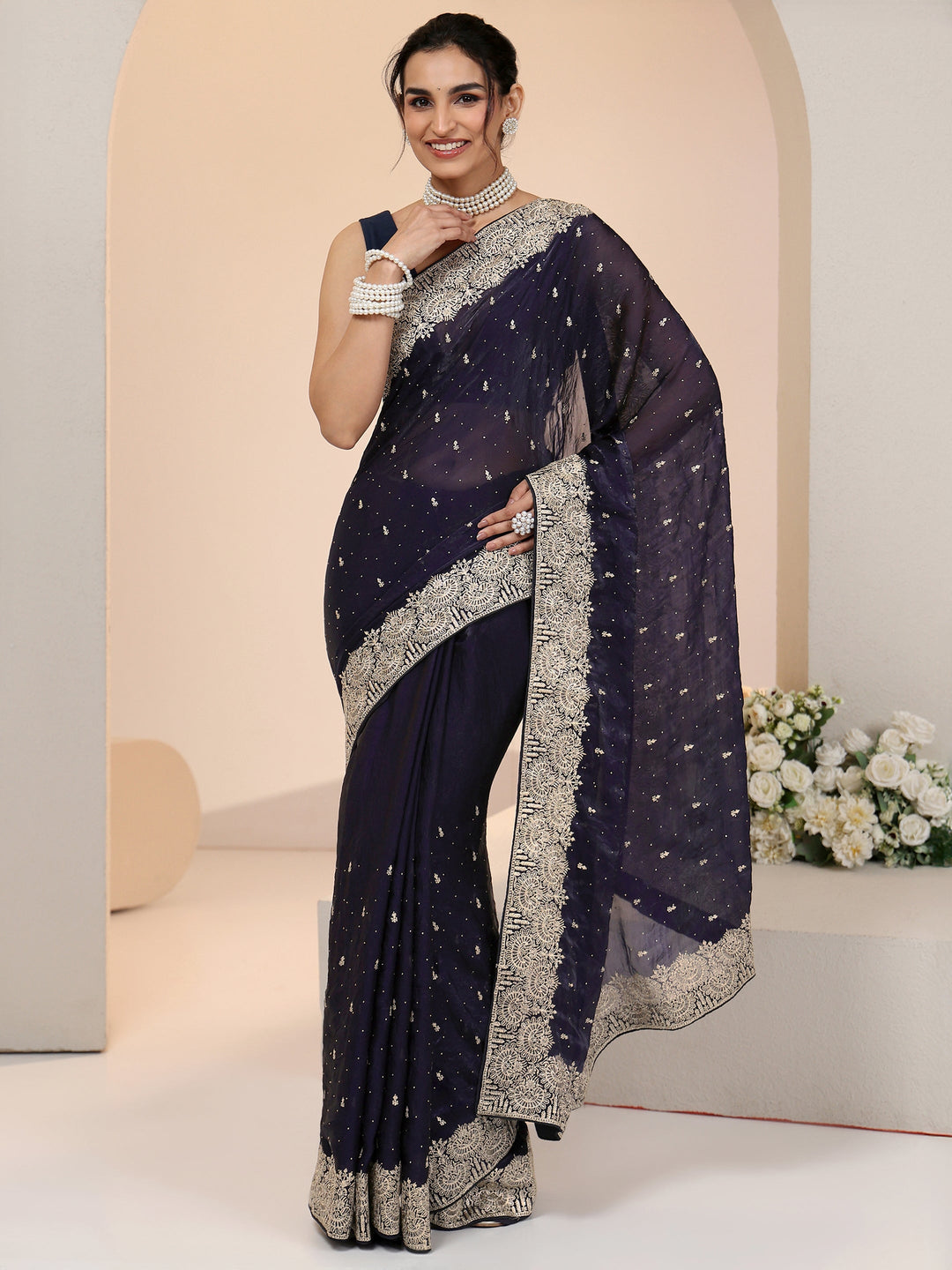 Libas Dark Purple Embellished Tissue Saree