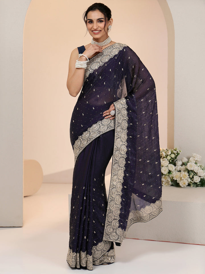 Libas Dark Purple Embellished Tissue Saree