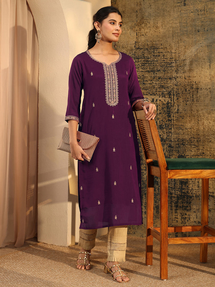 Libas Dark Purple Embroidered Silk Blend Straight Kurta
