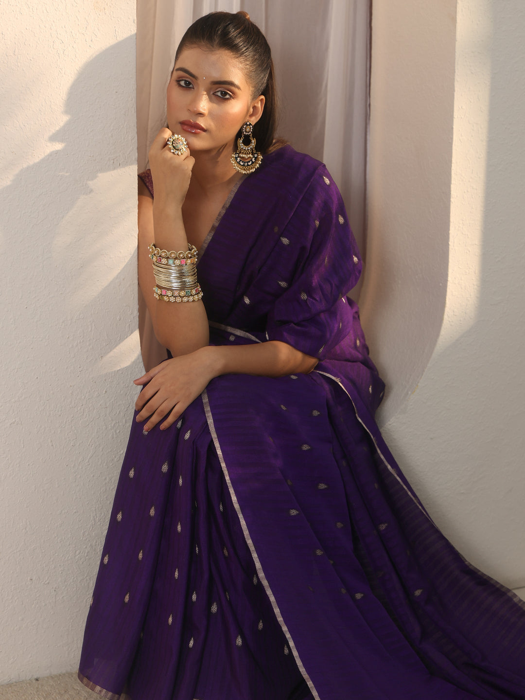 Libas Dark Purple Leaf Woven Design Textured Silk Blend Tassel Saree