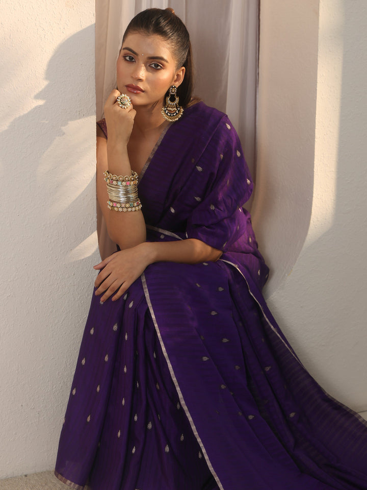 Libas Dark Purple Leaf Woven Design Textured Silk Blend Tassel Saree