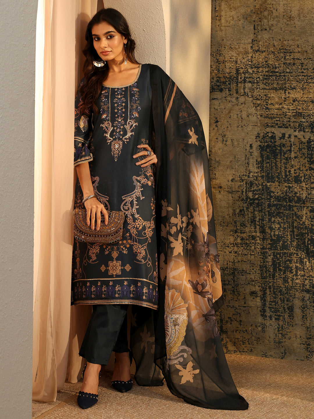 Libas Dark Teal Blue Embellished Silk Blend Straight Suit Set