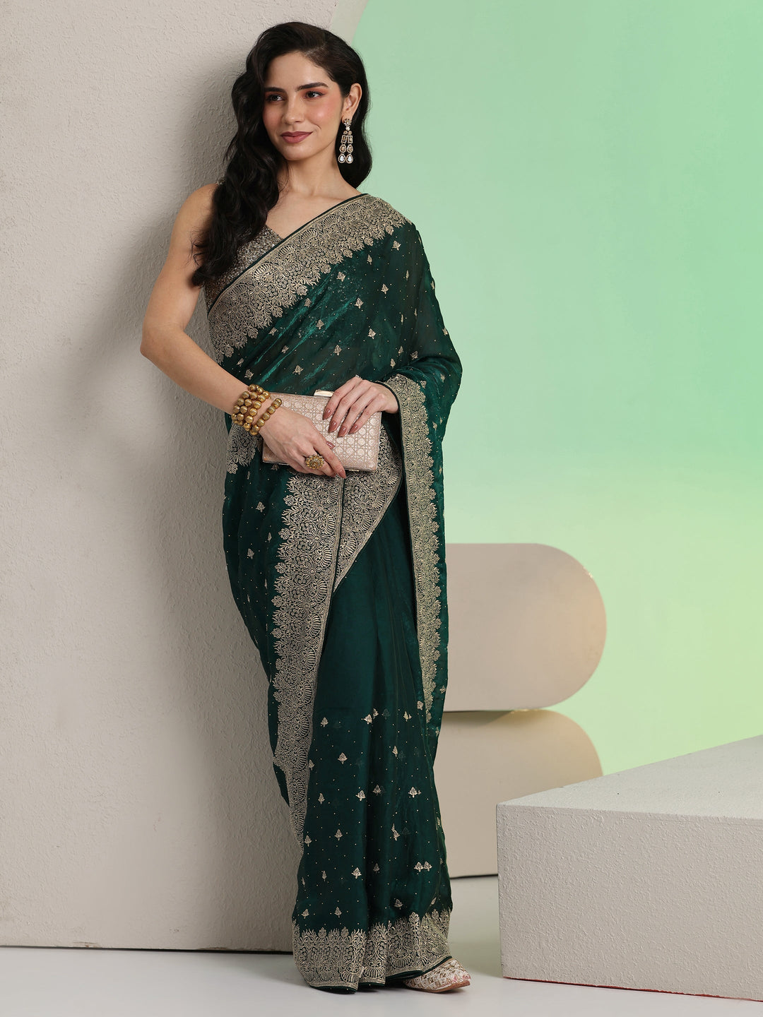 Libas Dark Teal Green Embroidered Tissue Saree