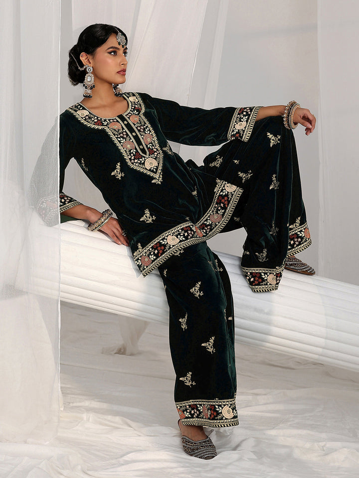 Libas Dark Teal Green Yoke Embroidered Design Velvet Co-Ord Set