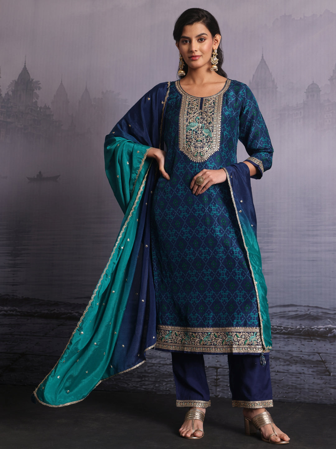 Libas Deep Blue Ethnic Printed Silk Blend Straight Suit Set