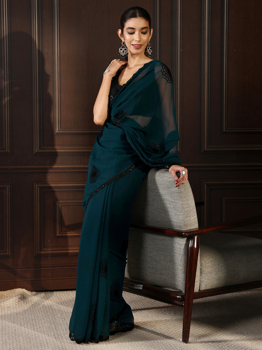 Libas Deep Blue Floral Sequin Embellished Georgette Saree