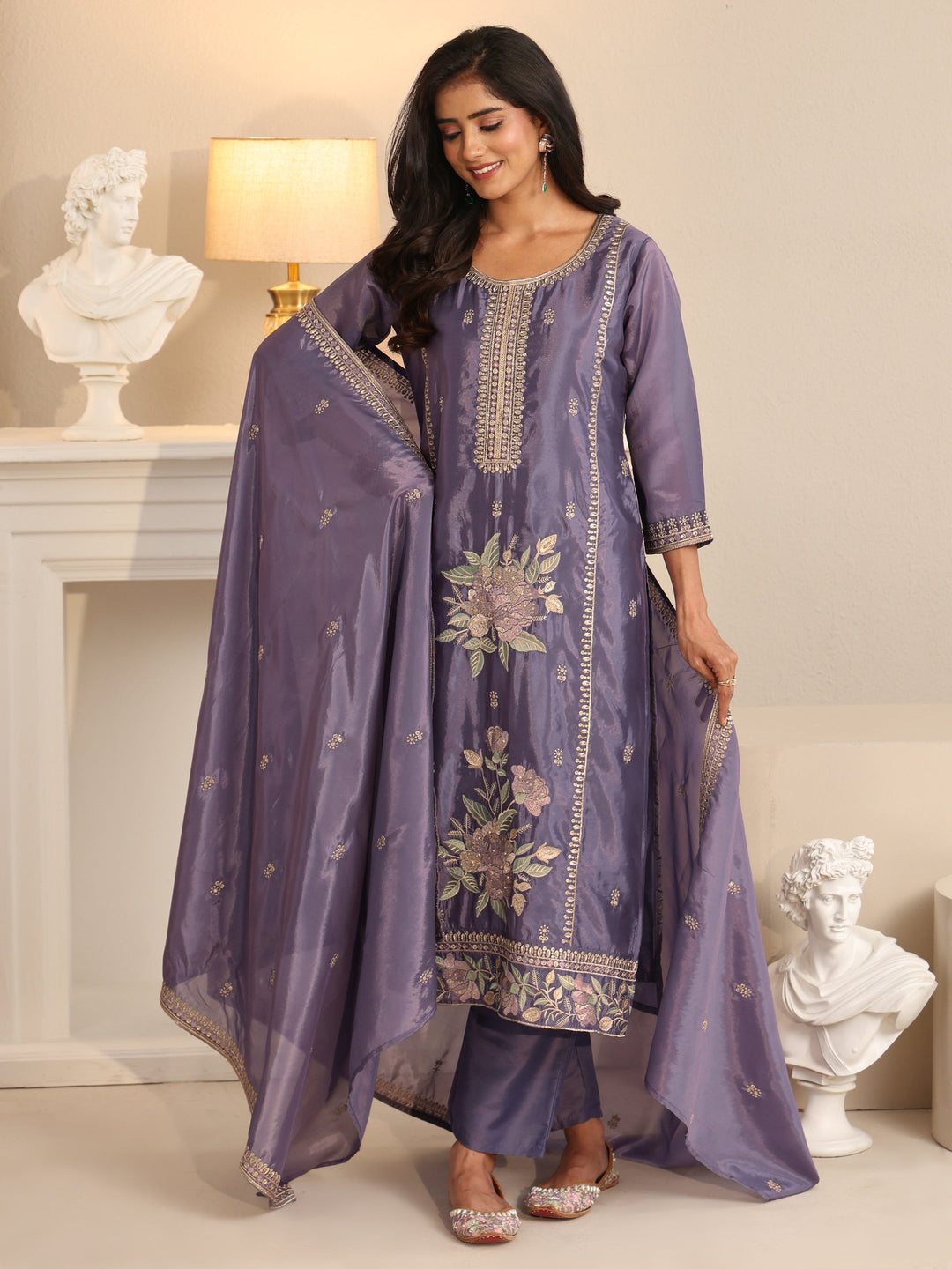 Libas Deep Lavender Floral Embroidered Organza Straight Suit Set