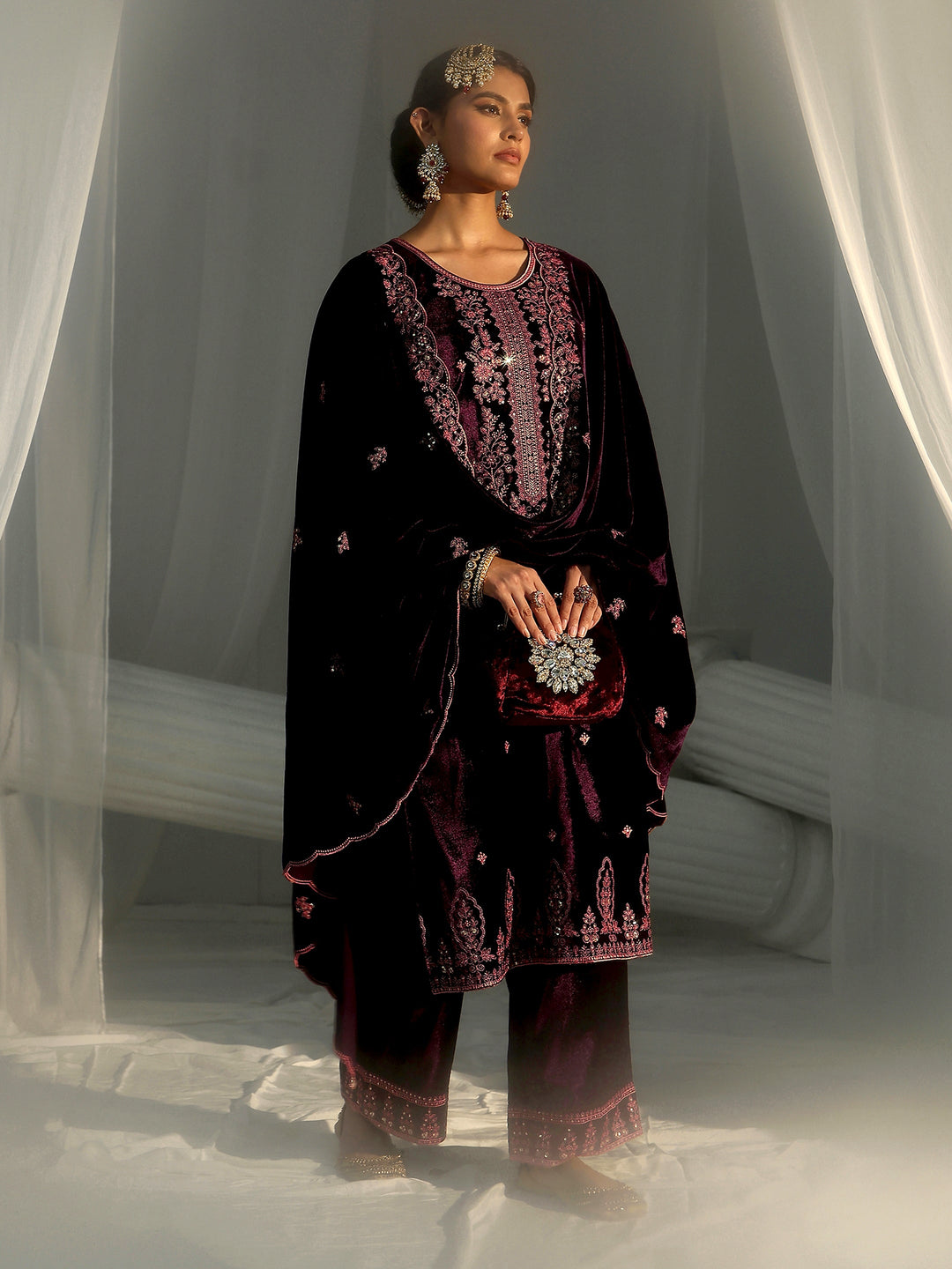 Libas Deep Plum Purple Floral Embellished Velvet Straight Suit Set