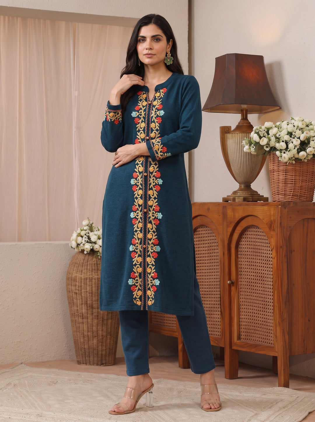 Libas Deep Teal Blue Floral Embroidered Wool Straight Kurta