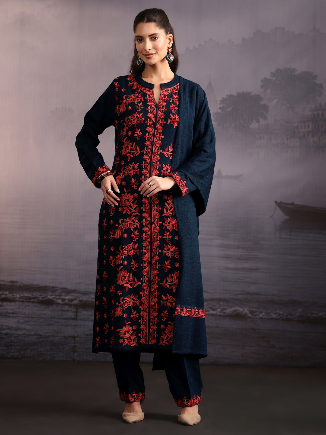 Libas Deep Teal Blue Floral Embroidered Woolen Straight Suit Set
