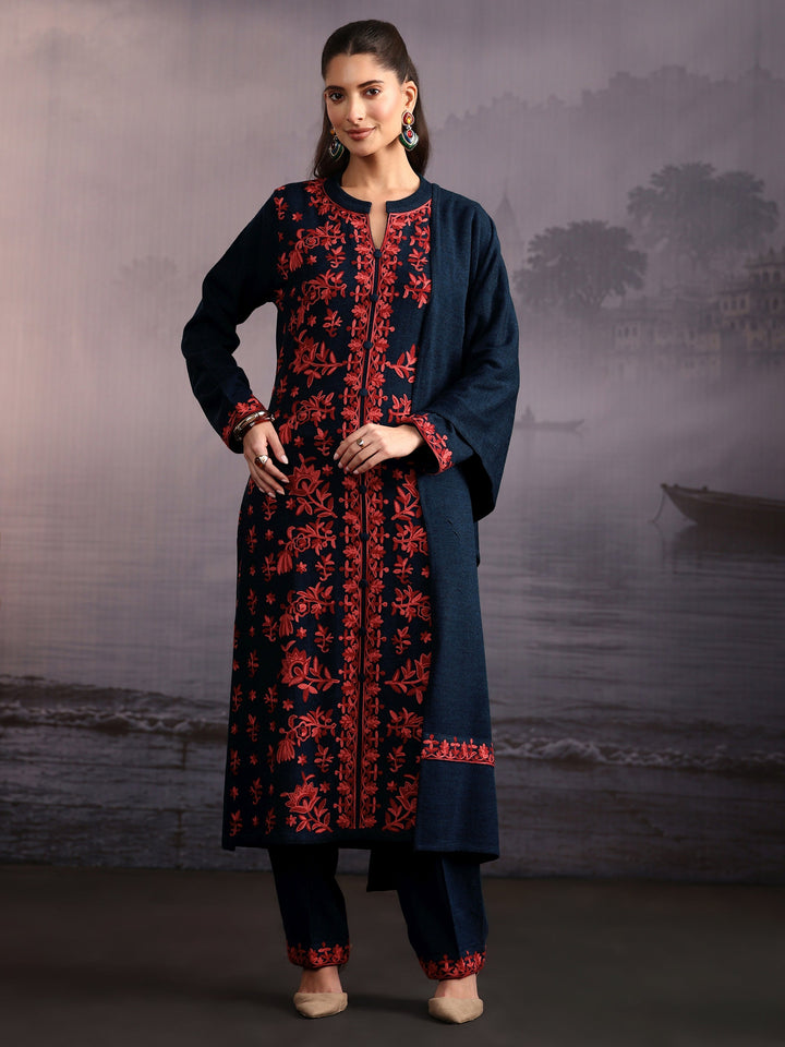 Libas Deep Teal Blue Floral Embroidered Woolen Straight Suit Set