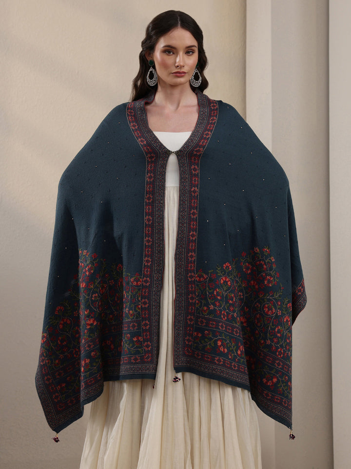 Libas Deep Teal Blue Floral Knitted Acrylic Wrap Shawl