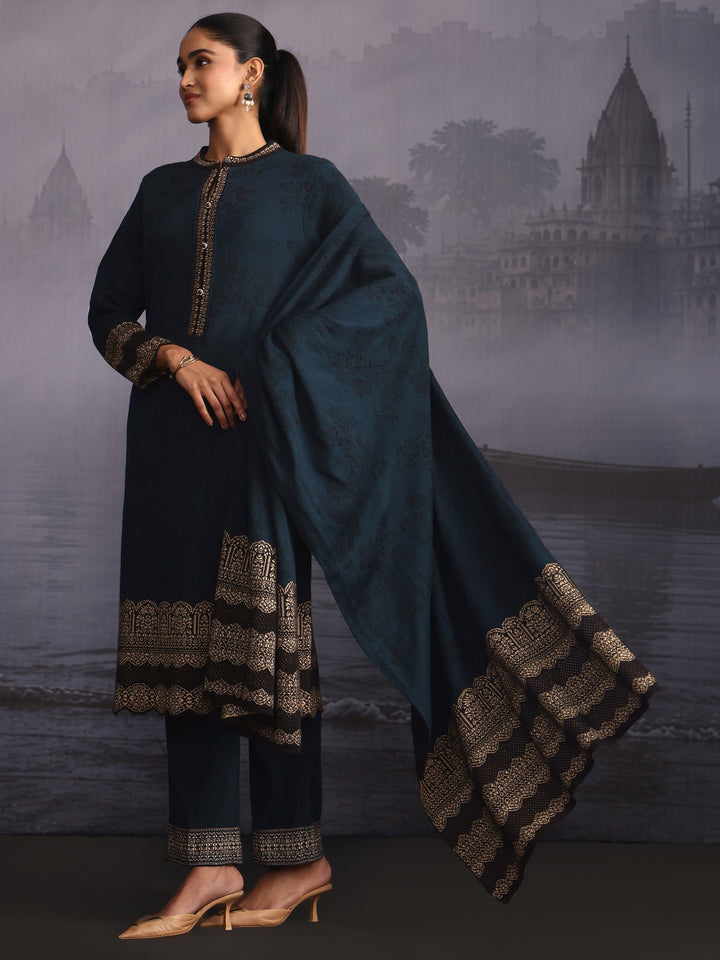 Libas Deep Teal Blue Floral Woven Design Woolen Straight Suit Set
