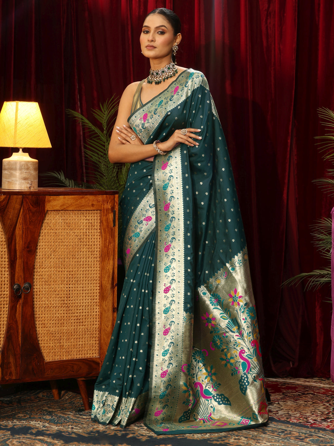 Libas Deep Teal Blue Silk Blend Paithani Saree