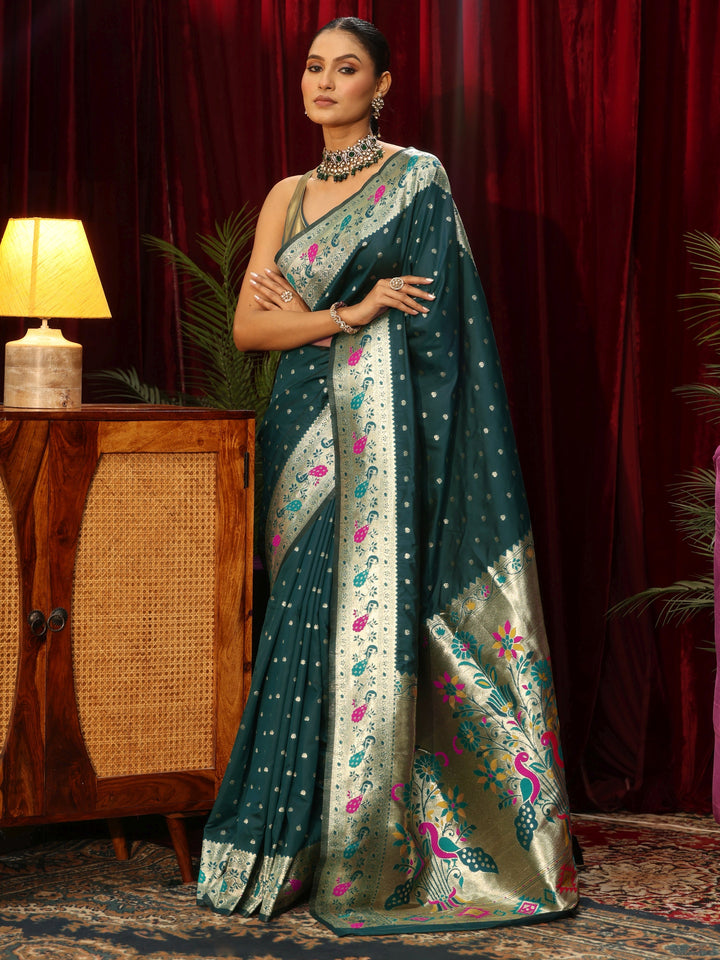 Libas Deep Teal Blue Silk Blend Paithani Saree