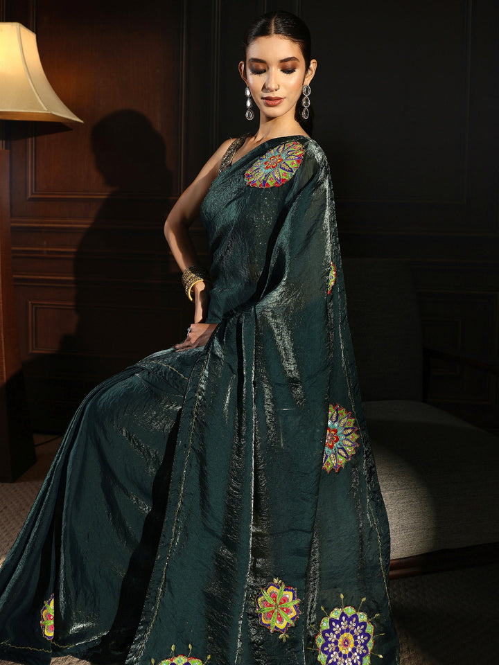 Libas Deep Teal Green Embellished Satin Saree with Applique Work